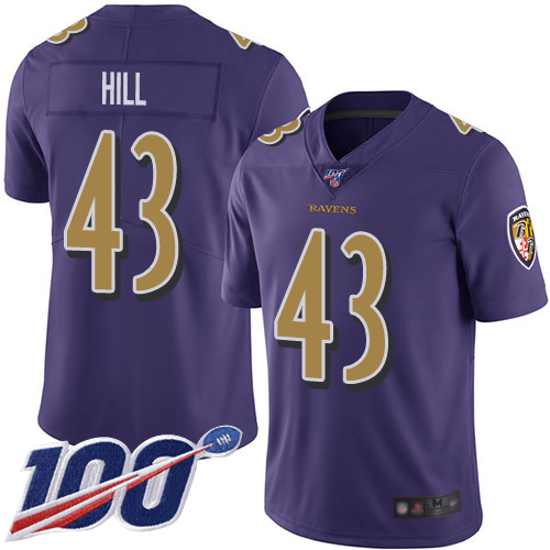 Baltimore Ravens Limited Purple Men Justice Hill Jersey NFL Football 43 100th Season Rush Vapor Untouchable